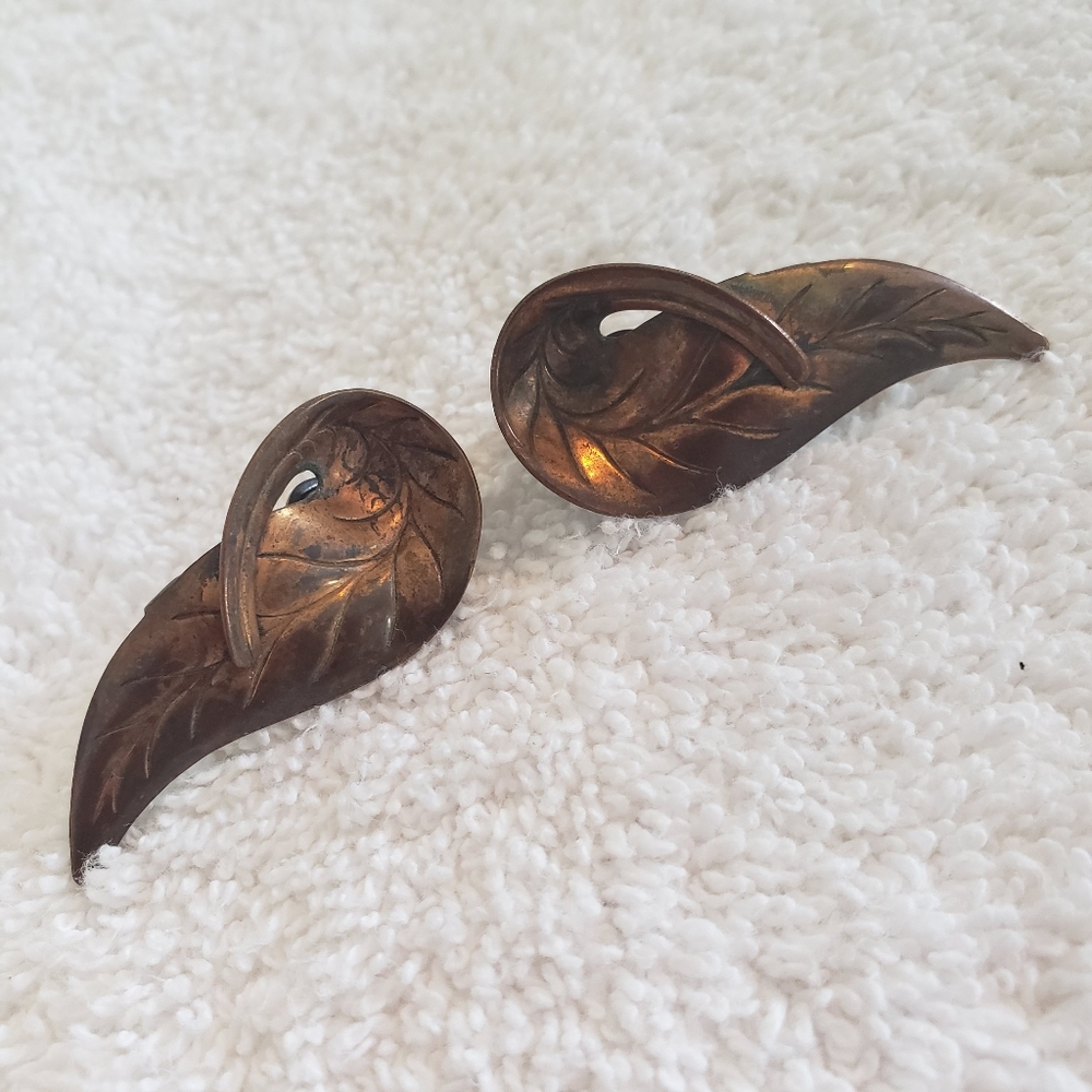 Copper Leaf Clip Earrings